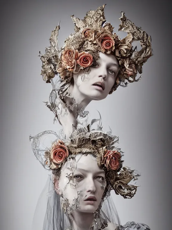 Image similar to a 65mm fashion headshot portrait of a catholic veiled Princess who has rococo dramatic headdress with roses,with symmetry intricate detailed,by Virginie Ropars and Nekro and peter gric and aaron horkey and Billelis, ,William Holman,GUCCI,DIOR,trending on pinterest,hyperreal,jewelry,gold,maximalist