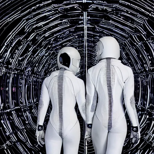 Prompt: love, diverse white cybersuits, from behind, connection rituals, wide wide angle, vivid, elaborate, highly detailed, beautiful lighting