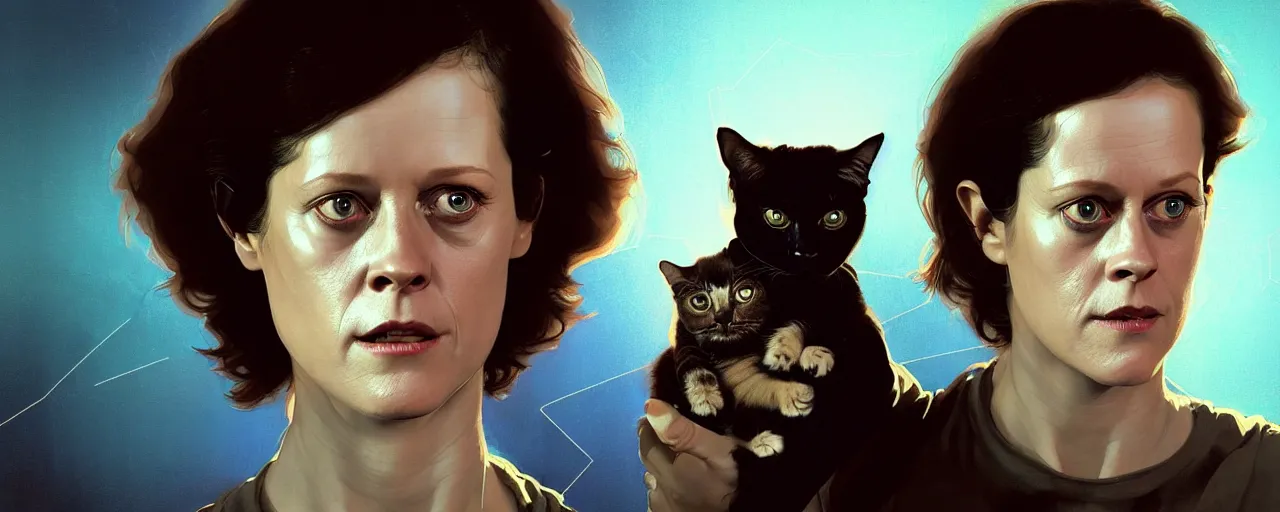 Image similar to duotone dark concept illustration 3 / 4 portrait of young sigourney weaver as ellen ripley holding a cat. cinematic volumetric lighting space. golden ratio accidental renaissance. by sachin teng and sergey kolesov and ruan jia and heng z. graffiti art, scifi, fantasy, hyper detailed. octane render. concept art. trending on artstation