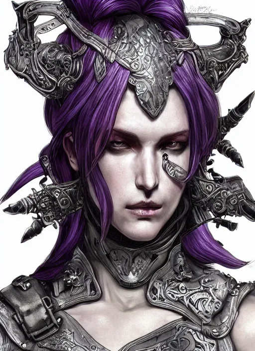 Image similar to close up portrait of a pale woman in leather armor with purple hair, powerful, domineering, stoic, masterful, intense, ultrafine hyperdetailed illustration by kim jung gi, irakli nadar, intricate linework, sharp focus, octopath traveler, yoji shinkawa, highly rendered, detailed, concept art