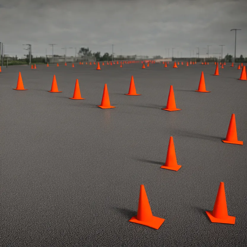 Image similar to endless concrete ground fading into the horizon with traffic cones and barriers placed around, cinematic lighting, volumetric lighting, award winning photography, highly detailed, intricate, sharp focus, 4 k wallpaper, unreal engine, 9 0 mm, f / 1. 4