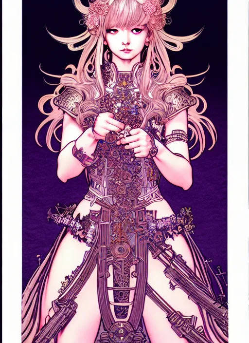 Image similar to highly detailed terada katsuya artgerm artstation final fantasy minaba hideo manga poster of princess mechine, long hair, armor, dress, laces, ruffles, 8 k, fluorescent, maximalist, jump comics, tomer hanuka, alphonse mucha