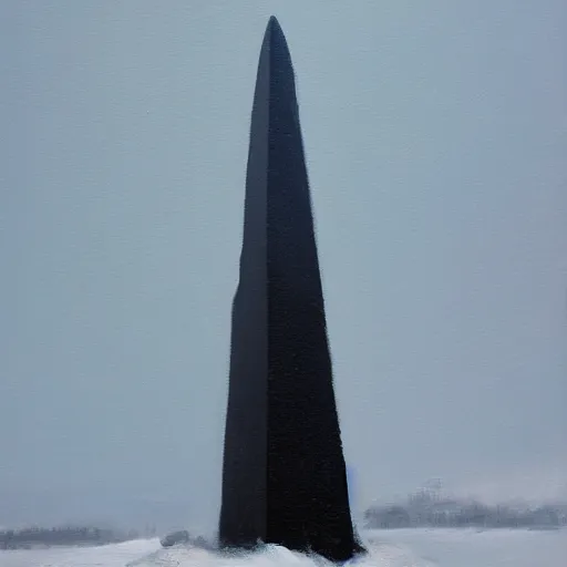 Prompt: oil painting of a distant obelisk of obsidian stretching to the heavens during a snowstorm, pillars of brick stretching and twisting around the obelisk