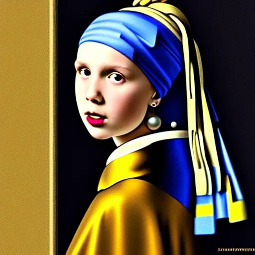 Image similar to Millie Bobby Brown with the pearl earring by Johannes Vermeer