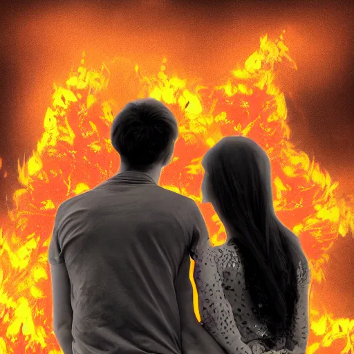 Prompt: young lovers looking into each others eyes while fire burns all around them, digital art high detail,