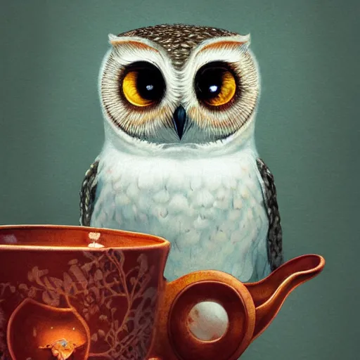 Prompt: long shot of a very cute young owl sitting in a tea cup, by esao andrews, by james jean, marc simonetti, humorous illustration, hyperrealistic, big depth of field, fresh colors, dim light, 3 d octane render conceptart, 4 k, hyperdetailed, trending on artstation