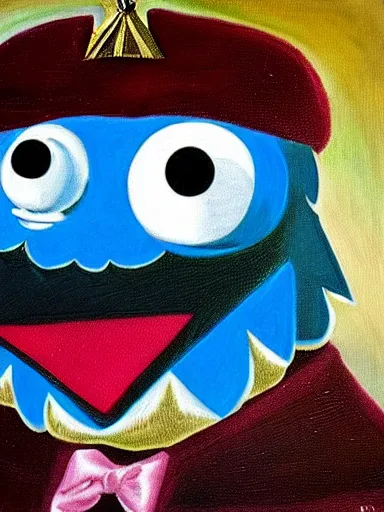 Prompt: A Masonic Portrait of Cookie Monster as Elevated Grand Master of the 33rd Degree, oil on canvas