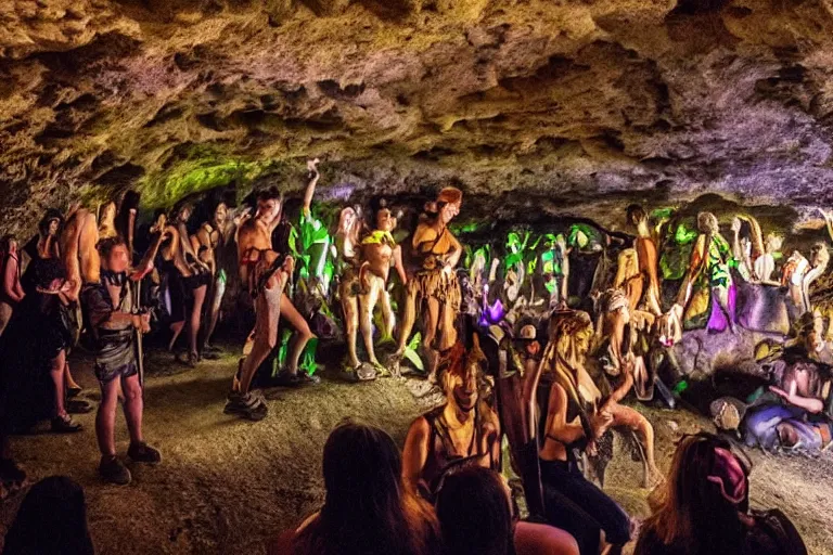 Prompt: Stone Age rave in a cave, I’m the style of Peter Goodfellow