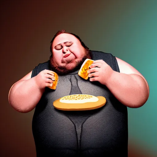 Prompt: a fat man with tears flowing down his face while he is taking a bite of a cheeseburger