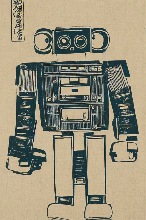 Prompt: Japanese woodblock print of a cassette tape robot