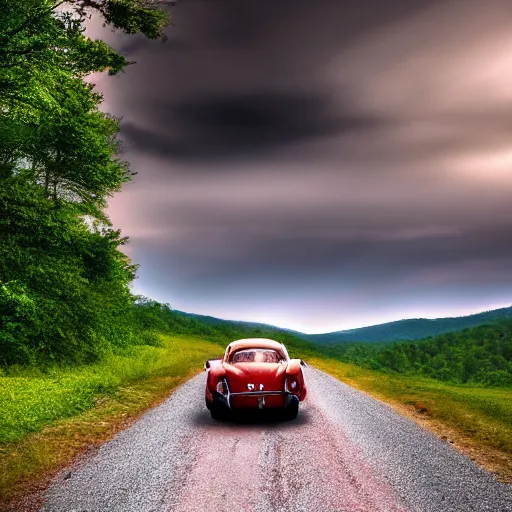 Image similar to promotional scifi - mystery movie scene of a ( volkswagen beatle ) and ladybug hybrid that's more ladybug. racing down a dusty back - road in smokey mountains tennessee. cinematic, 4 k, imax, 7 0 mm, hdr