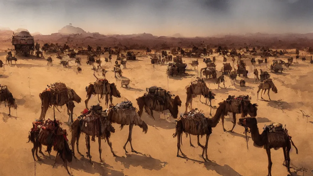 Prompt: view of arabian caravan with camels in the desert, watercolored, jakub rozalski, dark colours, dieselpunk, artstation