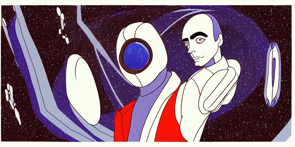 Image similar to traditional drawn colorful animation a symmetrical portrait of lonely single Alain Delon alone from 1970 70s pilot in posing in spaceship station planet captain bridge outer worlds robots extraterrestrial hyper contrast well drawn in Jean Henri Gaston Giraud animation film The Masters of Time FANTASTIC PLANET La planète sauvage animation by René Laloux