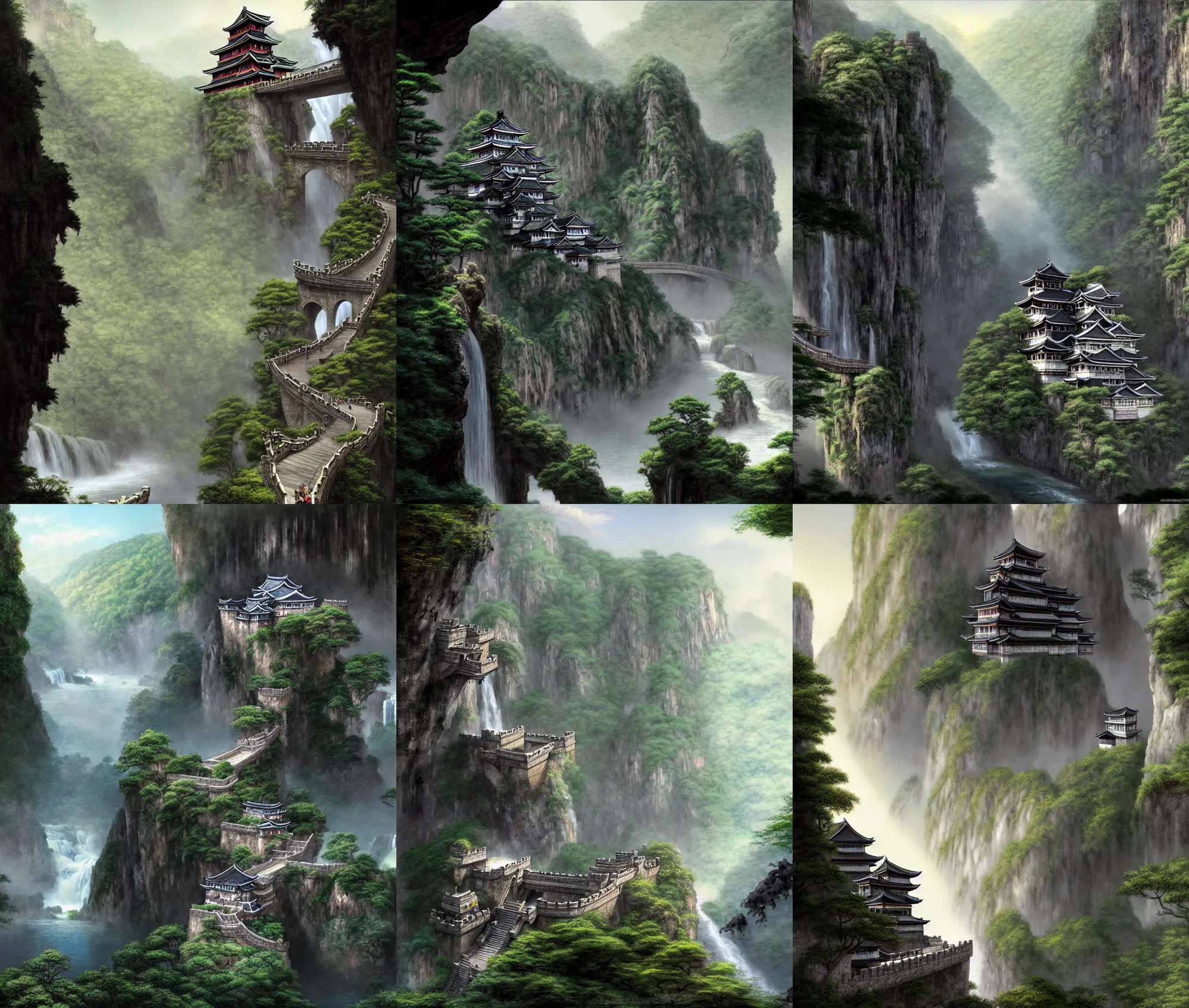 Prompt: establishing wide shot inside han son doong with waterfalls on either side of the cliff walls, at the top of the cliff is a japanese castle, a cloister is built into the cliff walls, an old suspension bridge spans the walls, sunny morning light, 4 k detailed digital concept art by gerald brom and james gurney, detailed textures, sharp focus