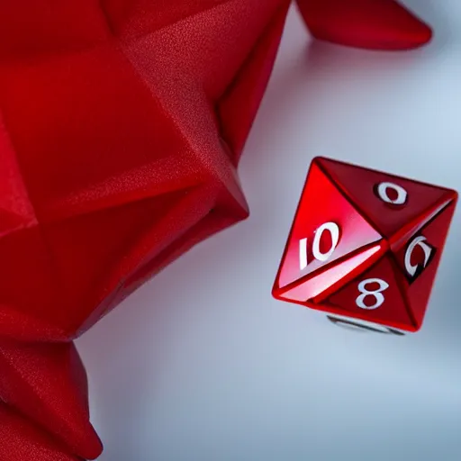 Prompt: a red dragon holding a red icosahedron die, white background