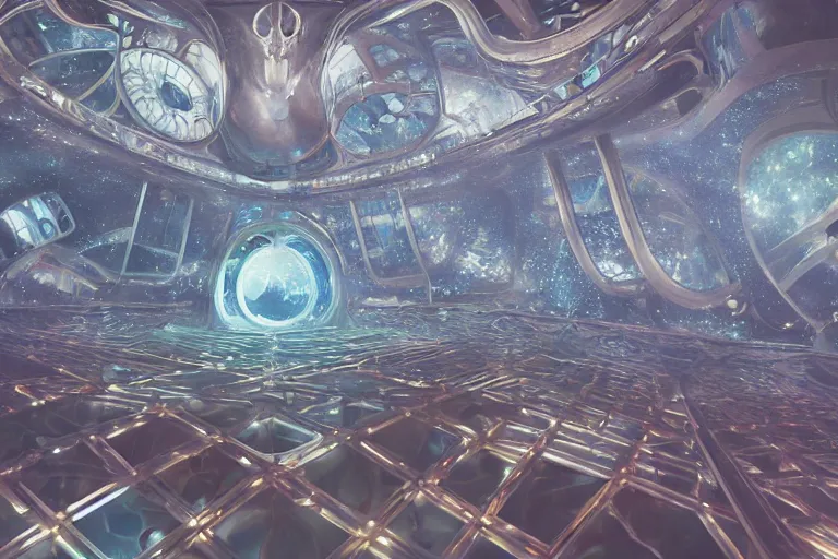 Image similar to cinematic inside a nautilus hall of mirrors, cybernetic circuitry, glowing pulses and reflections, shimmer water surface reflections in silver mirrors, pulses of gnostic energy, the deepest secrets, by jessica rossier and mc escher