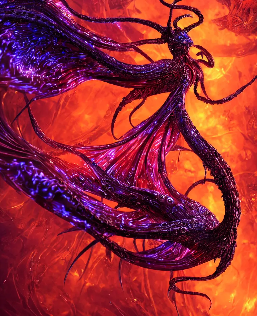 Image similar to close-up macro portrait of the dark queen, epic angle, epic pose, symmetrical artwork, 3d with depth of field, blurred background. cybernetic jellyfish phoenix bird, translucent, nautilus. energy flows of water and fire. a highly detailed epic cinematic concept art CG render. made in Maya, Blender and Photoshop, octane render, excellent composition, cinematic dystopian brutalist atmosphere, dynamic dramatic cinematic lighting, aesthetic, very inspirational, arthouse