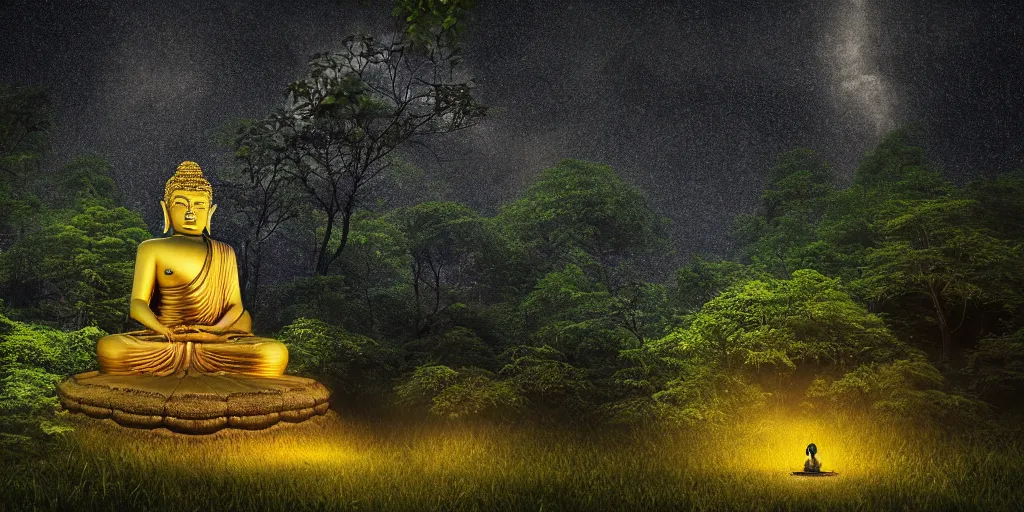 Prompt: buddha statue in lush forest at night with glowing fireflies and mystical ambience, desaturated, high focus, highly detailed, cgsociety