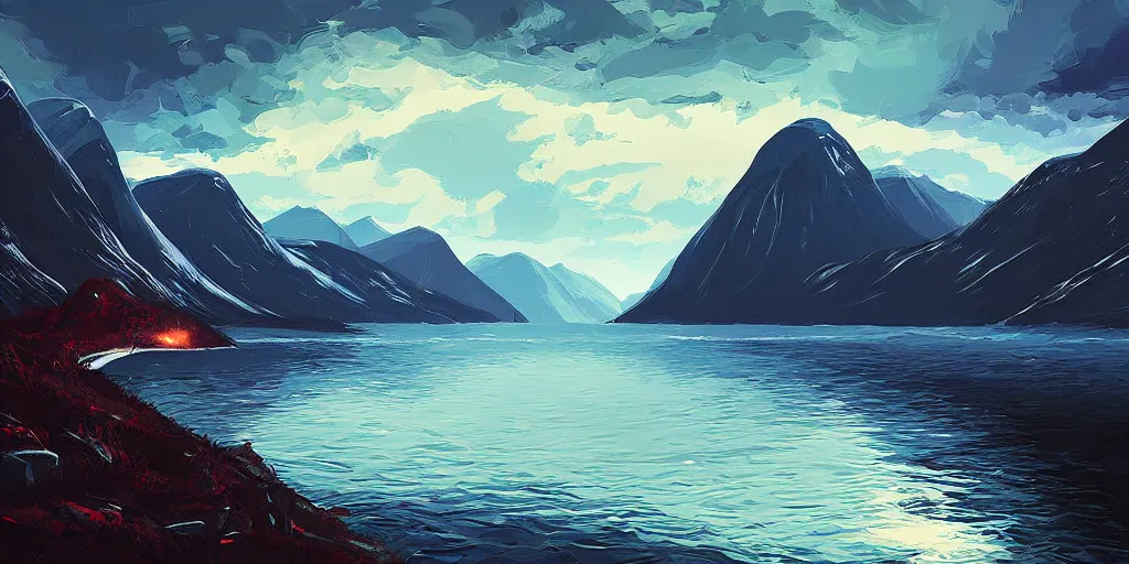 Prompt: the fjords of norway by alena aenami, petros afshar, noah bradley speedart