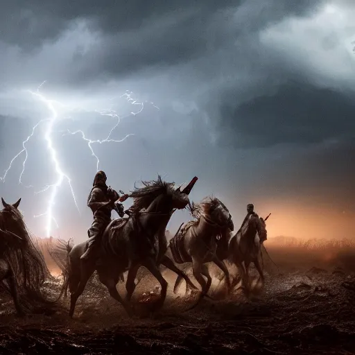 Image similar to a dramatic 85mm cinematic shot of the 4 horseman of the Apocalypse riding through storm and chaos, dramatic lightning, dark, filthy, mud, horror, trending artstation, octane render, 8k,