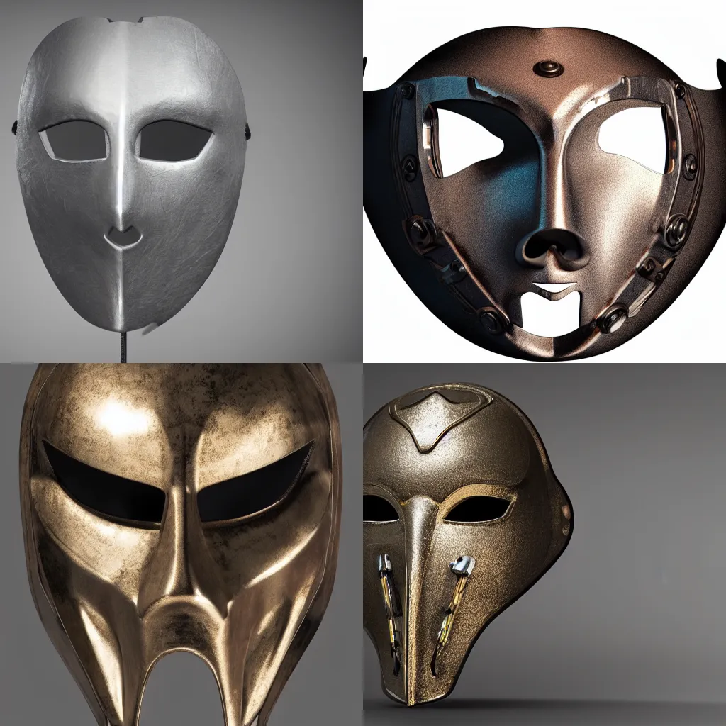 Prompt: photo of a metal half-mask, 8k, character design, studio lighting