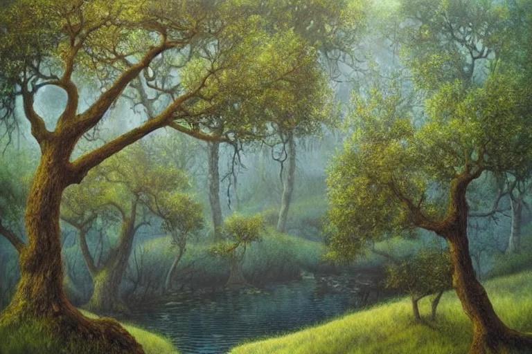 Image similar to masterpiece painting of oak trees on a hillside overlooking a creek, dramatic lighting, by daniel merriam