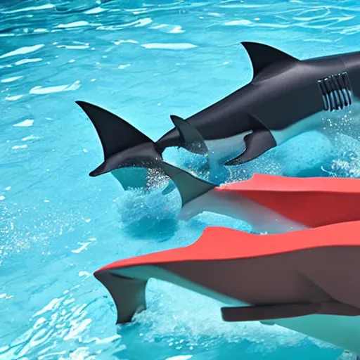 Image similar to full size mechanical sharks in a pool with children