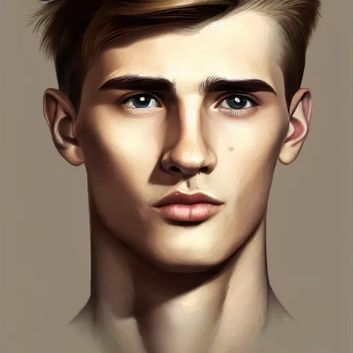 Prompt: man in his twenties with brown blond short quiff hair and thin slightly round facial structure with cleft chin, straight eyebrows and prominent nose, good definition of cheekbones, big hazel nut brown eyes, narrow face, slim body, atmospheric lighting, painted, intricate, 4k, highly detailed by Charlie Bowater