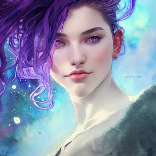 Image similar to Purple blue galaxy, Watercolor, photorealistic, high resolution, award winning, trending on artstation, intricate, elegant, highly detailed, digital painting, artstation, concept art, smooth, sharp focus, illustration, art by artgerm and greg rutkowski and alphonse mucha