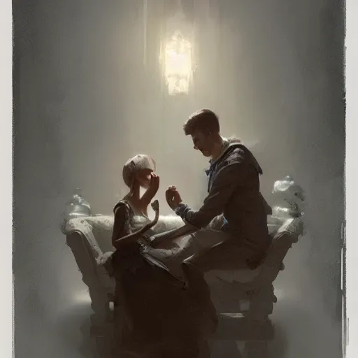 Prompt: celebrating an illegal marriage, realism, intricate abstract, neutral colors, intimacy, dark lighting, by artstation, by greg rutkowski