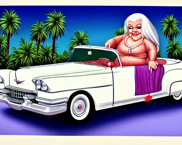 Image similar to fat shiny ceramic white hair old women in a vintage 5 0 s convertible cadillac in the miami art deco hotel district with palm trees, hyperrealistic, artstation, illustration, nicoletta ceccoli, mark ryden, lostfish, dan decarlo, bob clampett, max fleischer, matte paint, vivid colors