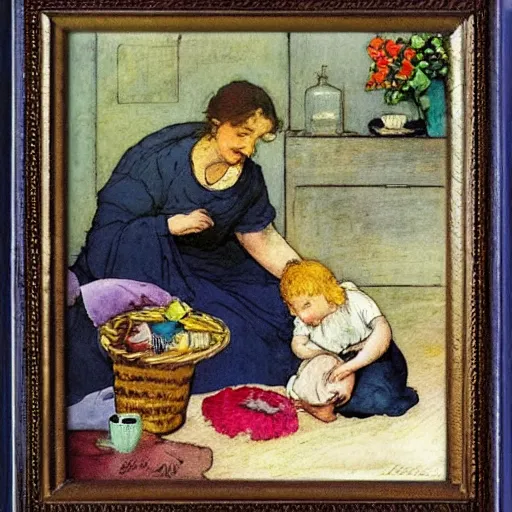 Prompt: this mixed mediart is beautiful because of its harmony of colors and its simple but powerful composition. the artist has created a scene of peaceful domesticity, with a mother and child in the center, surrounded by a few simple objects. the colors are muted and calming, and the overall effect is one of serenity and calm. by howard pyle ecstatic