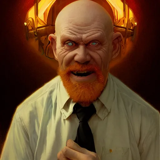 Image similar to portrait of a red bald man with black eyes and a black teeth, horror, glowing eyes, by Stanley Artgerm Lau , greg rutkowski, thomas kindkade, alphonse mucha, loish, norman rockwell. Trending on artstation detailed illustration hd 4k