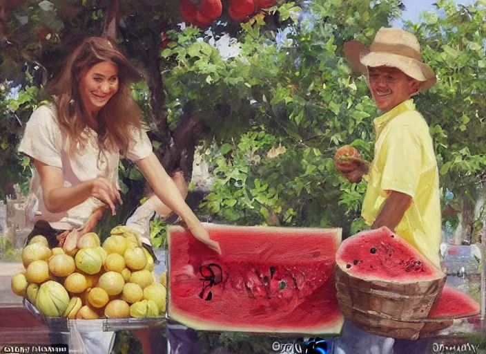 Image similar to a highly detailed beautiful portrait of a big cute spider purchasing a large watermelon, by gregory manchess, james gurney, james jean