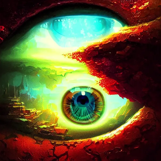 Image similar to microscopic view of the human eye, fantasy landscape inside the eye, illuminati eye, colorful, sharp and focus, ultra detailed, beautifully lit, in the art style of marc simonetti and john harris