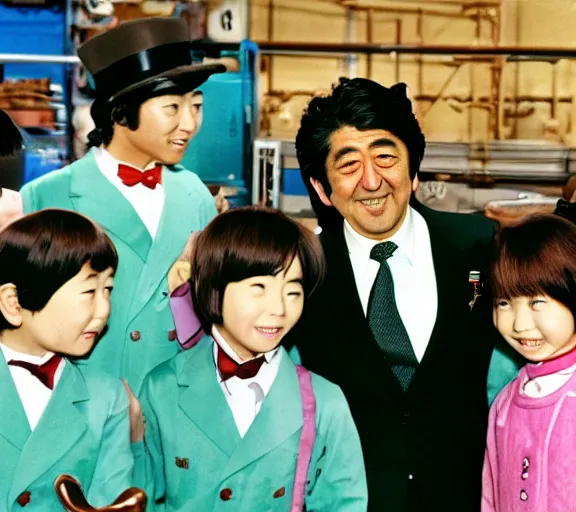 Prompt: a film still of shinzo abe in willy wonka's chocolate factory 1 9 7 3