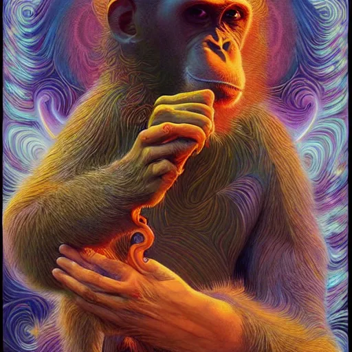 Prompt: ( monkey smoking a cigarette ) ( ( ( hyper detailed masterpiece, psychedelic fractal pattern, jean giraud, digital art painting, dream wave aesthetic, ethereal, artgerm, donato giancola, tom bagshaw ) ) )