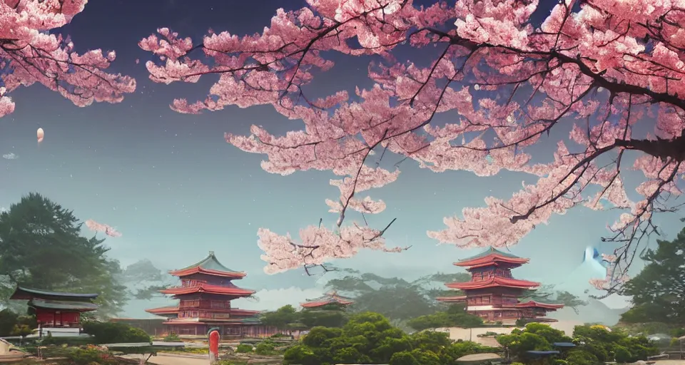 Prompt: Futuristic Japanese landscape with lots of Sakura blossoms and a temple, center composition, cinematic, rendered by simon stålenhag, rendered by Beeple, Makoto Shinkai, syd meade, environment concept, digital art, starwars, unreal engine, 3 point perspective, WLOP, trending on artstation, low level, 4K UHD image, octane render,