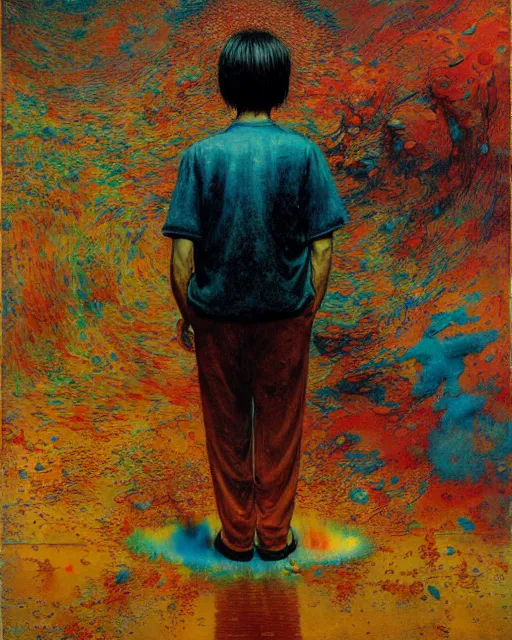 Image similar to 8k professional photo of an 8 years old boy standing in front of a computer from 90s monitor screen, Beksinski impasto painting, part by Adrian Ghenie and Gerhard Richter. art by Takato Yamamoto, masterpiece by Francis Bacon