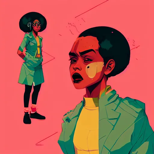 Image similar to Sachin Teng illustration of an angry afropunk female character, medium shot, asymmetrical, profile picture, trending on artstation