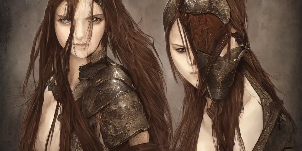 Prompt: 2 5 years old women : : dark straight hair : : brown medieval cloting, light armor, natural materials : : high detail, digital art, illustration, realistic, rpg, fantasy