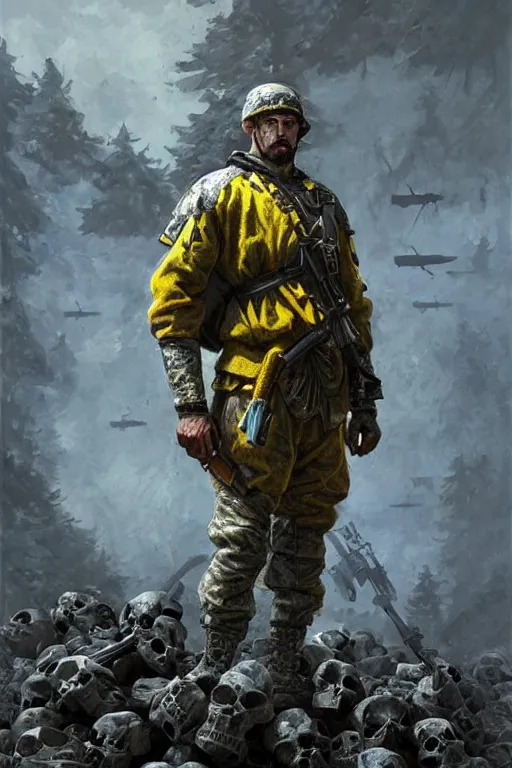 Image similar to a distant shot of a Ukrainian Call of Duty soldier with blue and yellow uniform standing alone on a pile of skulls as a winner, masculine figure, D&D, fantasy, intricate, elegant, highly detailed, extremely detailed, digital painting, artstation, concept art, matte, sharp focus, symmetrical, illustration, art by Artgerm and Greg Rutkowski and Alphonse Mucha