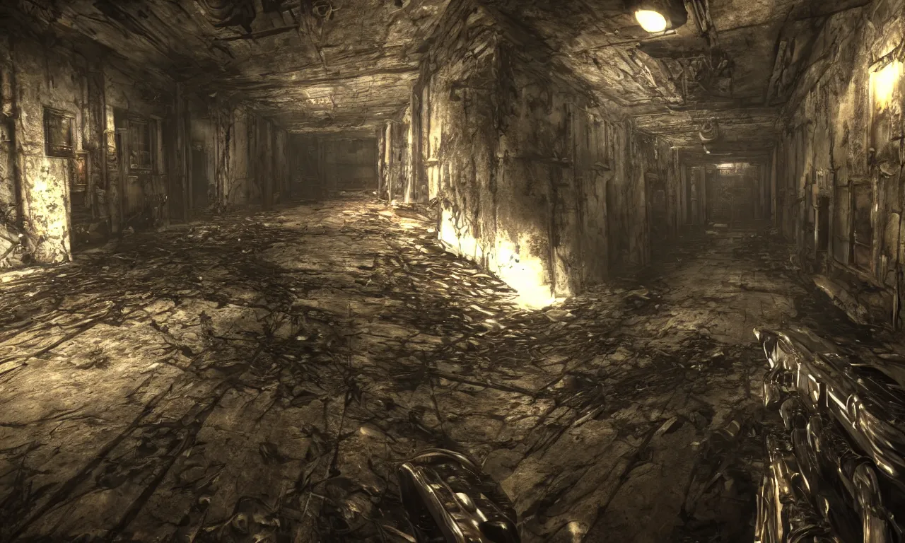 Image similar to screenshot from horror fps, biomechanical first person weapon, dilapidated dungeon level, undead monsters, cryengine, subsurface scattering, raytraced shading, 8 k