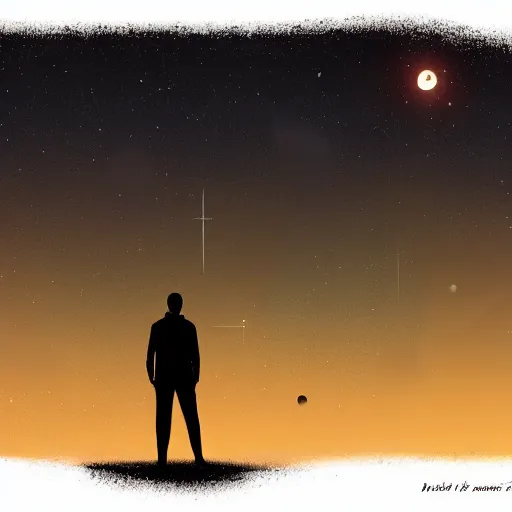 Image similar to silhouette of a man looking at an epic night sky with 3 moons and lots of stars, digital painting, concept art, cinematic