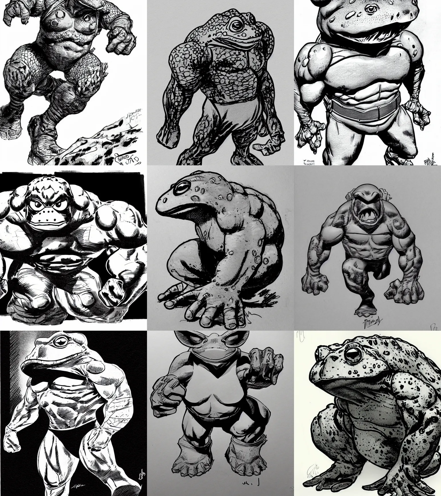 Prompt: toad animal!!! jim lee!!! medium shot!! flat grayscale ink sketch by jim lee close up in the style of jim lee, cyborg hunter hulk toad animal looks at the camera by jim lee