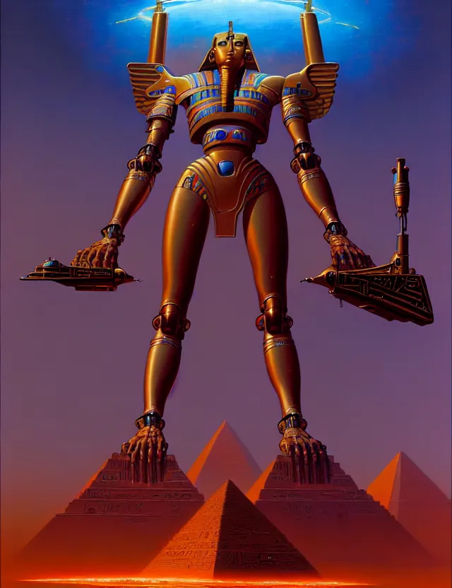 Prompt: a statue of egyptian mecha, tim hildebrandt, wayne barlowe, bruce pennington, donato giancola, trending on artstation, cinematic composition, beautiful lighting, hyper detailed, 8 k, oil on canvas