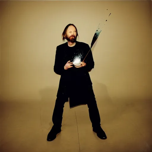 Prompt: Radiohead singer Thom Yorke, holding the moon upon a stick, with a beard and a black jacket, a portrait by John E. Berninger, dribble, neo-expressionism, uhd image, studio portrait, 1990s