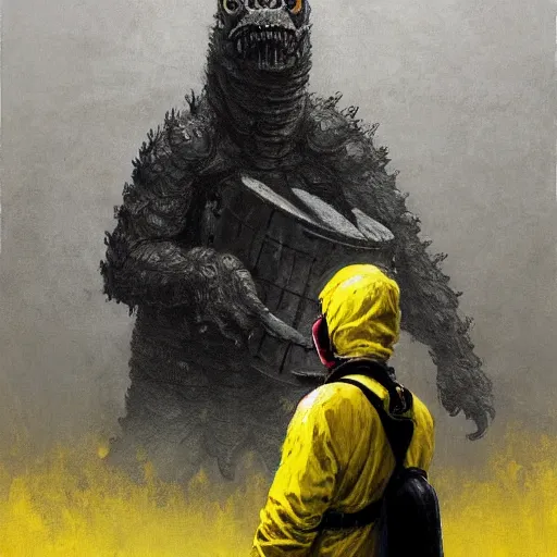 Prompt: a painting of a man in a yellow bio hazard suit holding a bucket and looking at godzilla sized spider, poster art by jakub rozalski, trending on artstation, nuclear art, apocalypse art, dystopian art, poster art