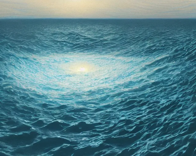 Prompt: a giant abstract sculpture of the birth of the universe on the ocean water, in the style of leiko ikemura, award winning, cinematic, hyper - realistic, very detailed, realistic water splashes, ray tracing, 8 k resolution, long - shot, sharp focus, low angle, 8 5 mm photograph, wide lens