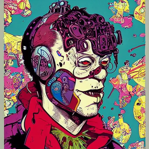 Prompt: cyberpunk clown cyborg portrait, illustration, pop art, splash painting, art by geof darrow, ashley wood, alphonse mucha, makoto shinkai